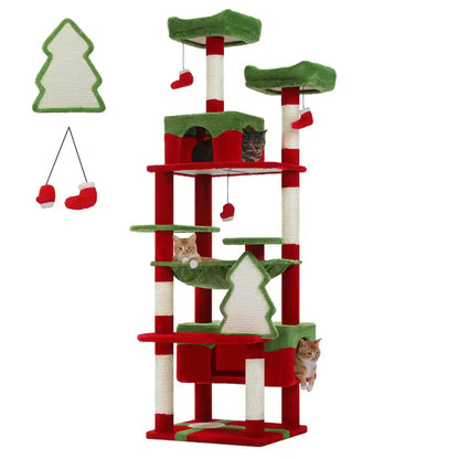 Red and green cat tree with multiple levels and toys on a white background