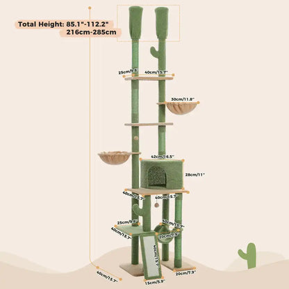 Green cat tree with measurements on a white background
