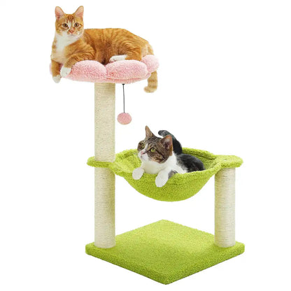 Cat tree with two cats on a white background
