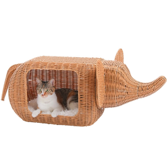 Cat laying inside woven rattan elephant-shaped cat house with plush cushion