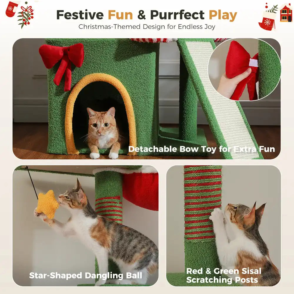 Cat play structure with Christmas-themed elements and a cat interacting with it.