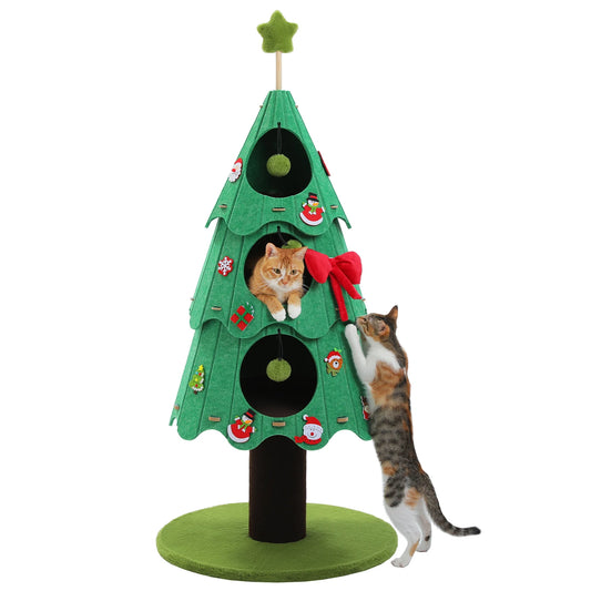Green cat tree shaped like a Christmas tree with two cats on a white background