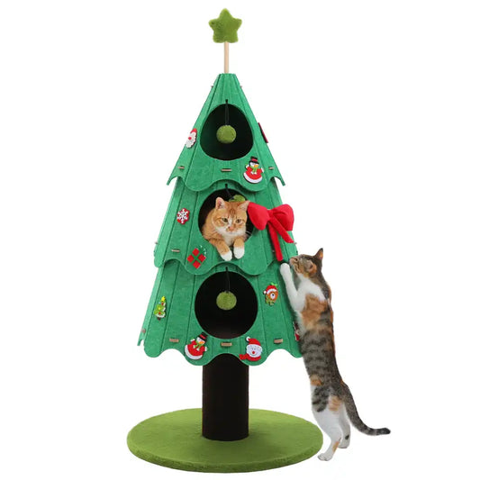 Green cat tree shaped like a Christmas tree with two cats on a white background