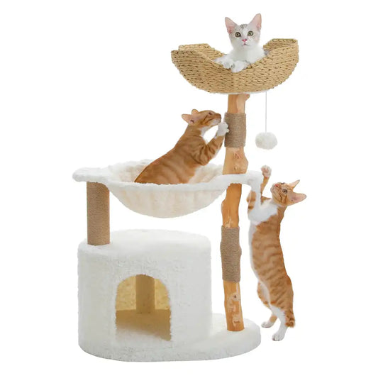 Cat tree with multiple levels and a hammock, featuring three cats on a white background.