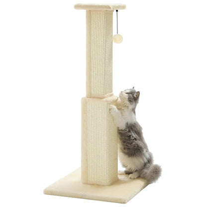 Cat climbing a beige cat tree with a white background