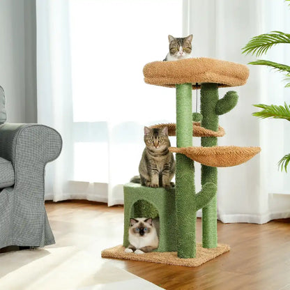Cat tree with multiple levels and three cats in a living room setting.