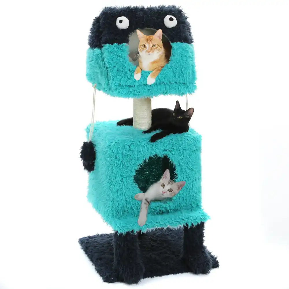 Turquoise cat tree with multiple levels and a cat sitting on one of the platforms.