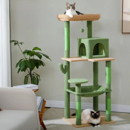 Green cat tree with two cats in a living room setting