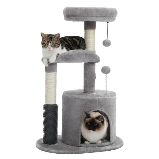 Cat tree with two cats on a white background