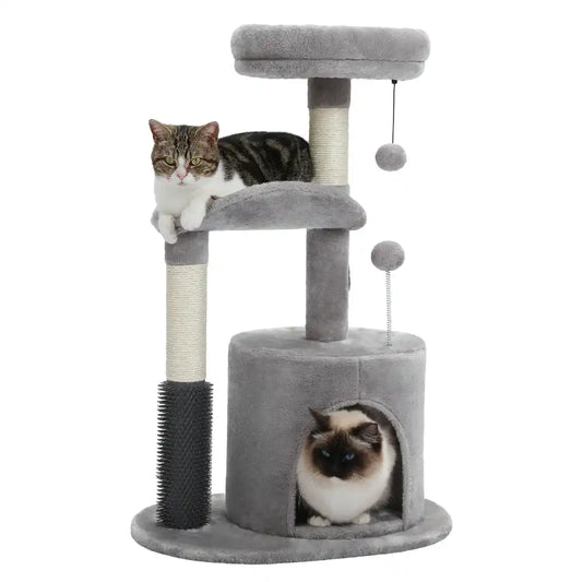 Cat tree with two cats on a white background