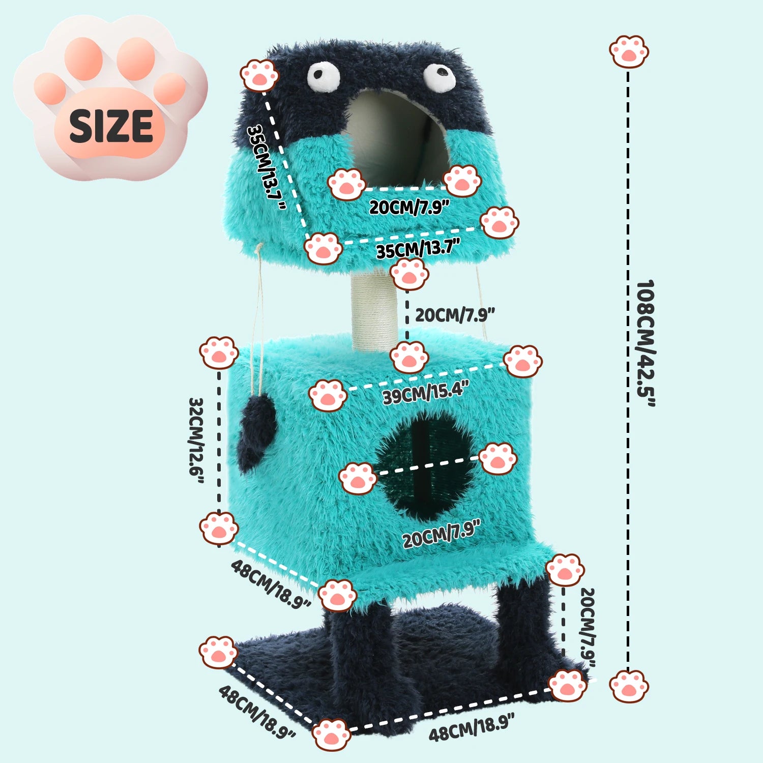 Measurement chart of a plush monster-shaped cat tree with dimensions labeled