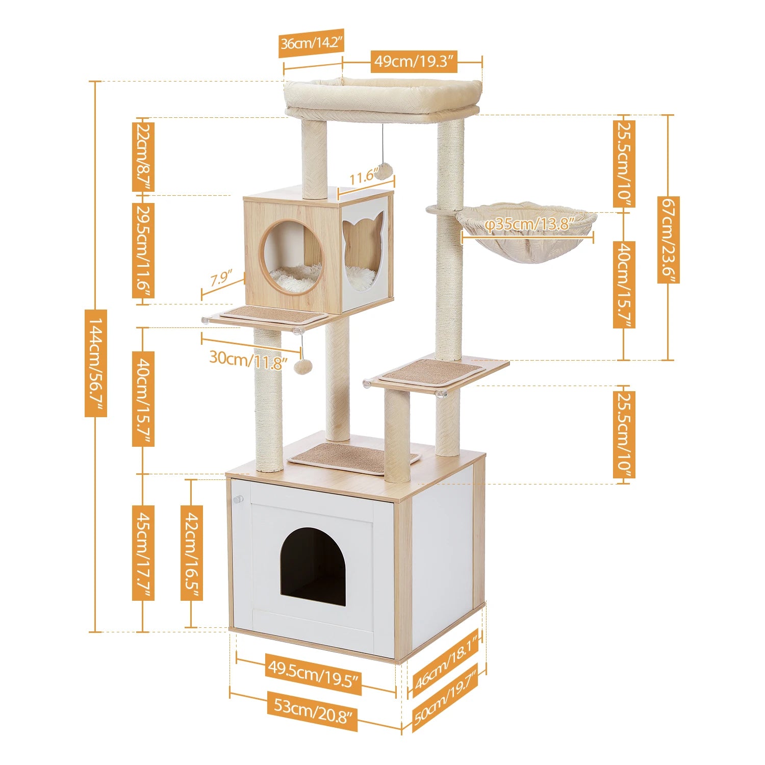 Dimensions of a multi-level cat tree with various platforms and a hideout.