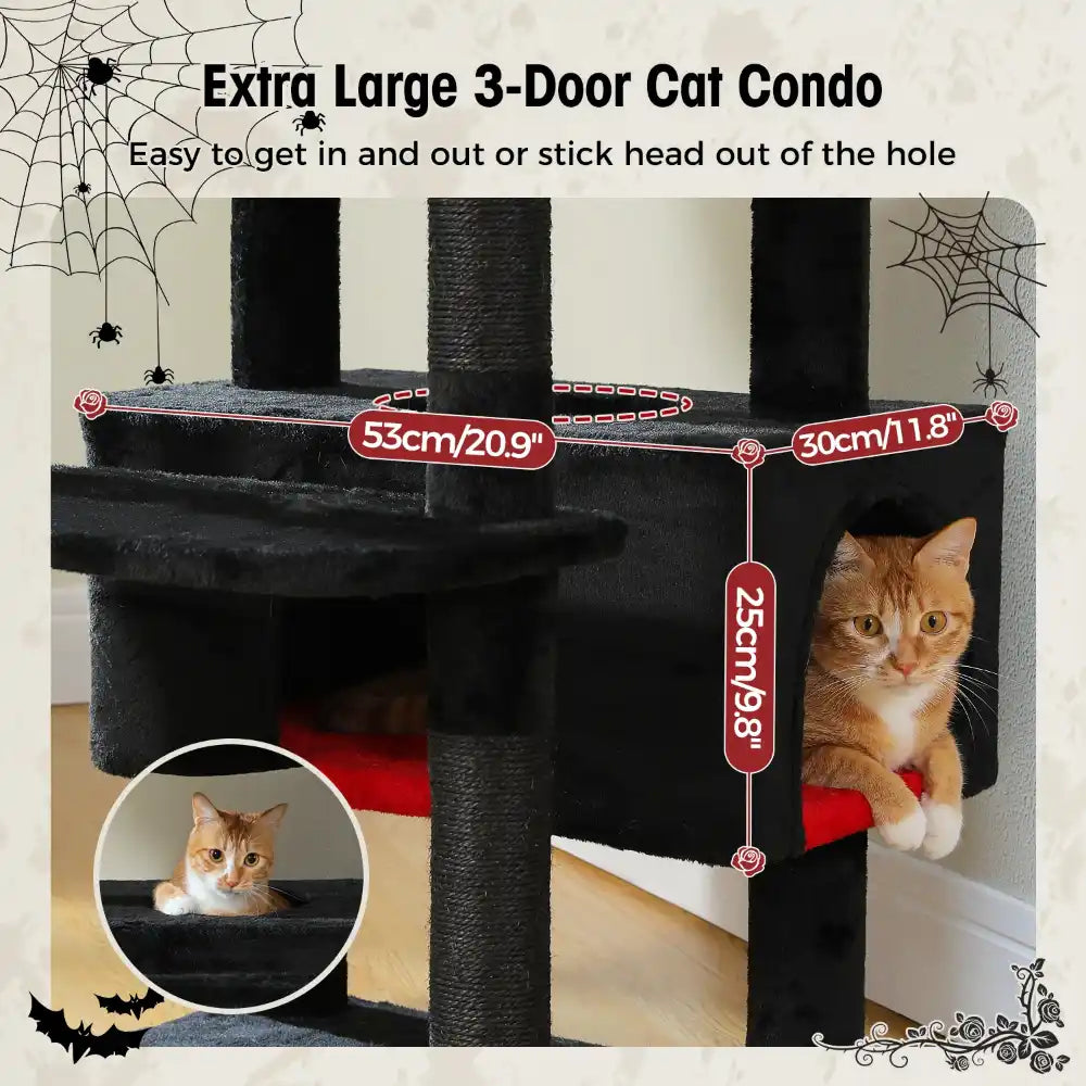 Extra Large 3-Door Cat Condo with measurements and a cat sitting inside.