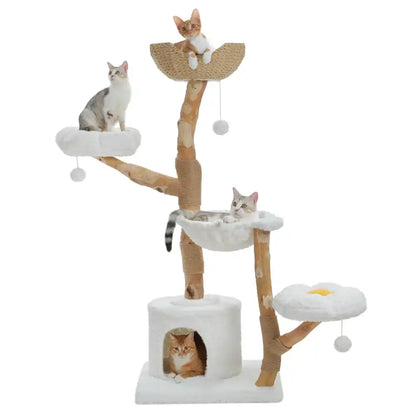 Cat tree with multiple levels and cat toys on a white background