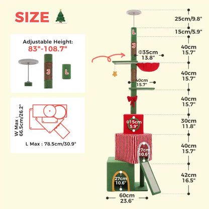 Cat tree with adjustable height measurement chart on a beige background