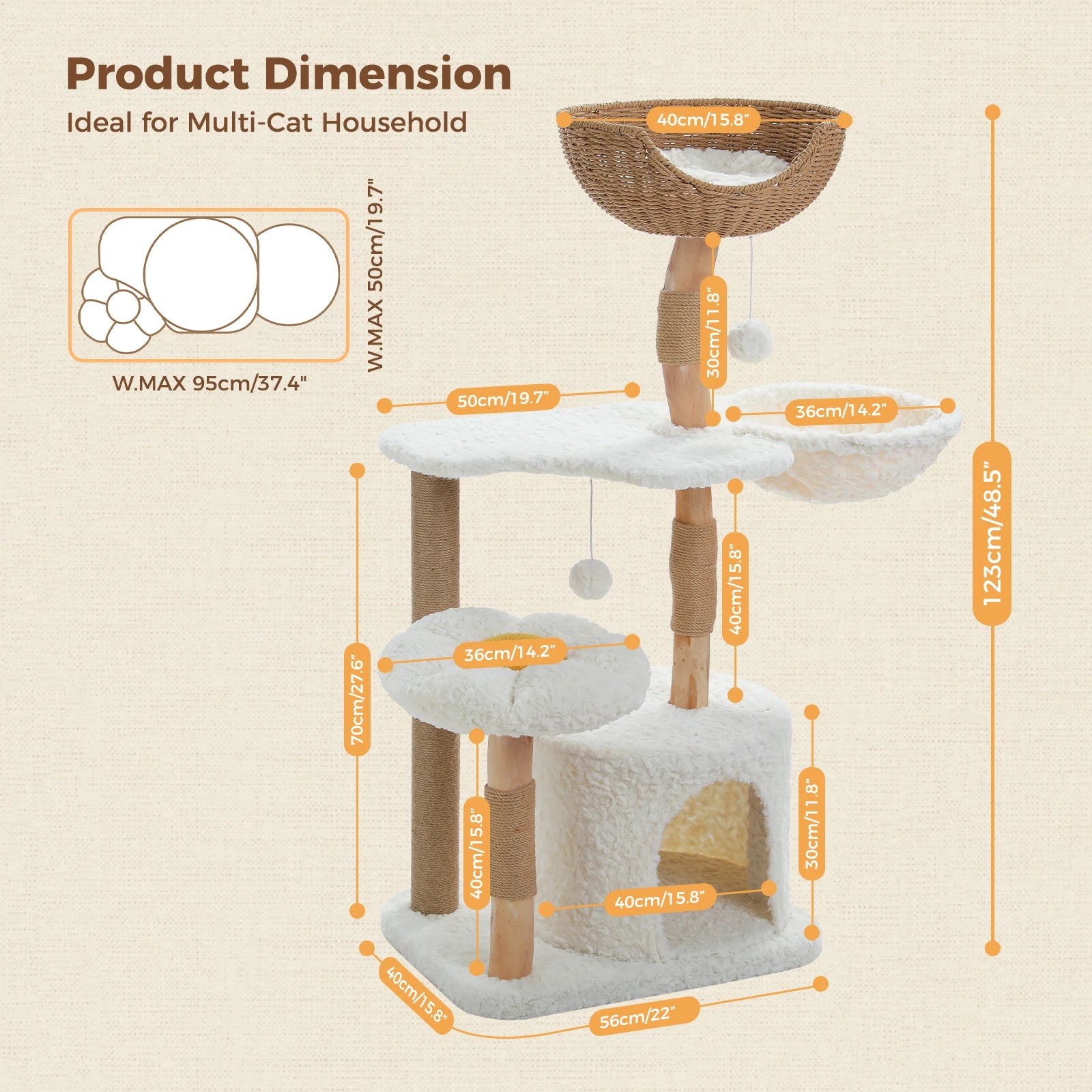 Measurement chart of a cat tree with dimensions on a beige background