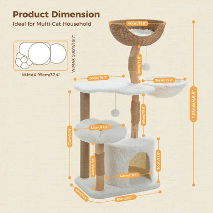 Cat tree with dimensions on a beige background