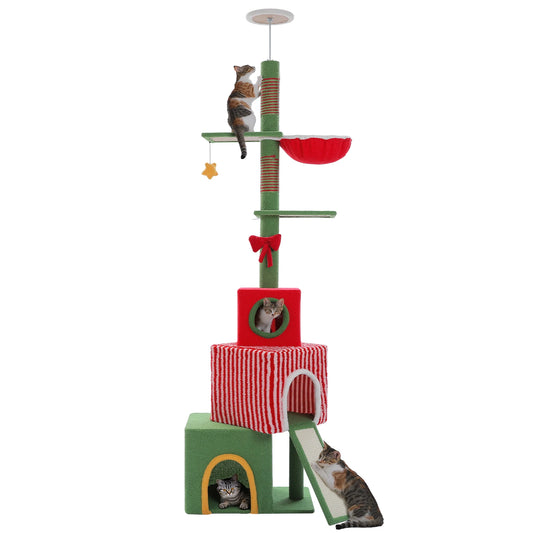 Cat tree with multiple levels, platforms, and a red hammock on a white background