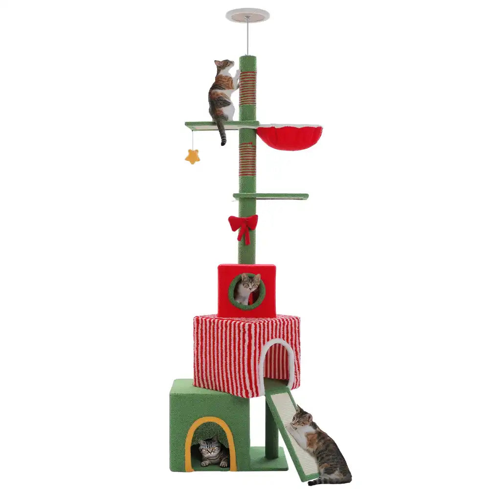 Cat play tree with multiple levels and a red platform on a white background
