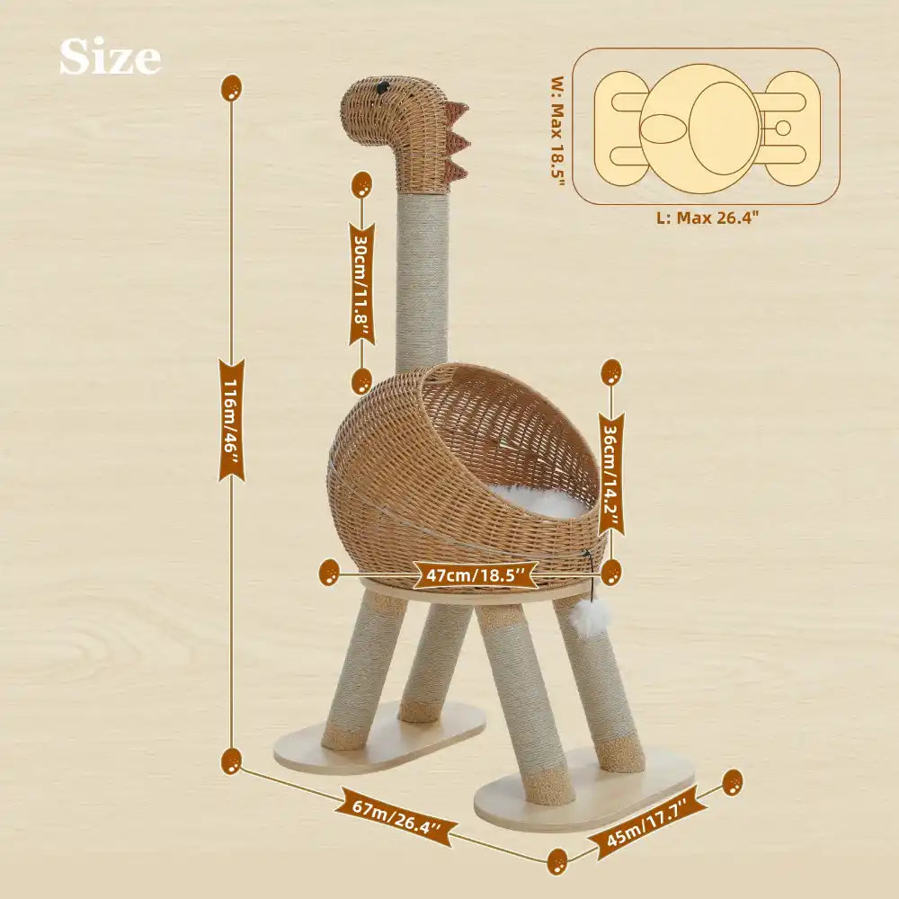 Measurement chart of a dinosaur-shaped wicker toy with dimensions on a beige background
