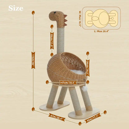 Measurement chart of a dinosaur-shaped wicker toy with dimensions on a beige background