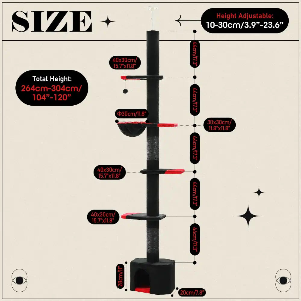 Diagram of a height adjustable cat tree with measurements in centimeters and inches.
