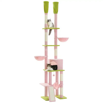 Cat tree with multiple levels and a cat on a white background