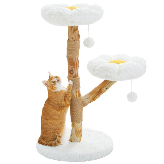 Cat playing with a wooden cat tree with flower-shaped platforms on a white background
