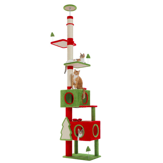 Christmas-themed cat tree with multiple levels and a cat sitting on it against a white background