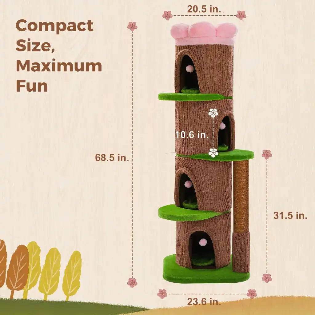 Cat tree with dimensions on a beige background
