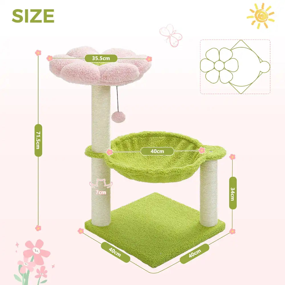 Green and pink cat tree with measurements on a light green background