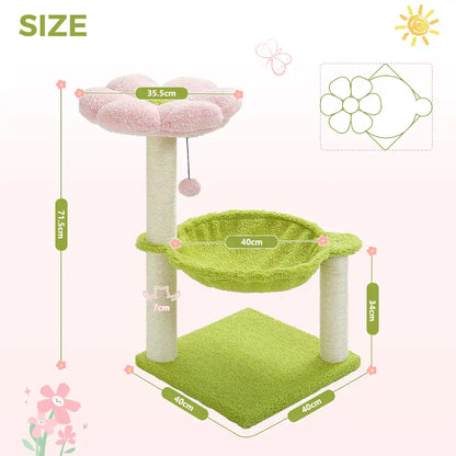 Green and pink cat tree with measurements on a light green background