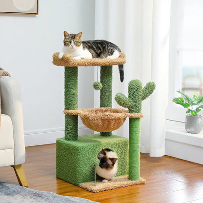 Cat tree with two cats on a wooden floor in a room with white curtains and a plant.