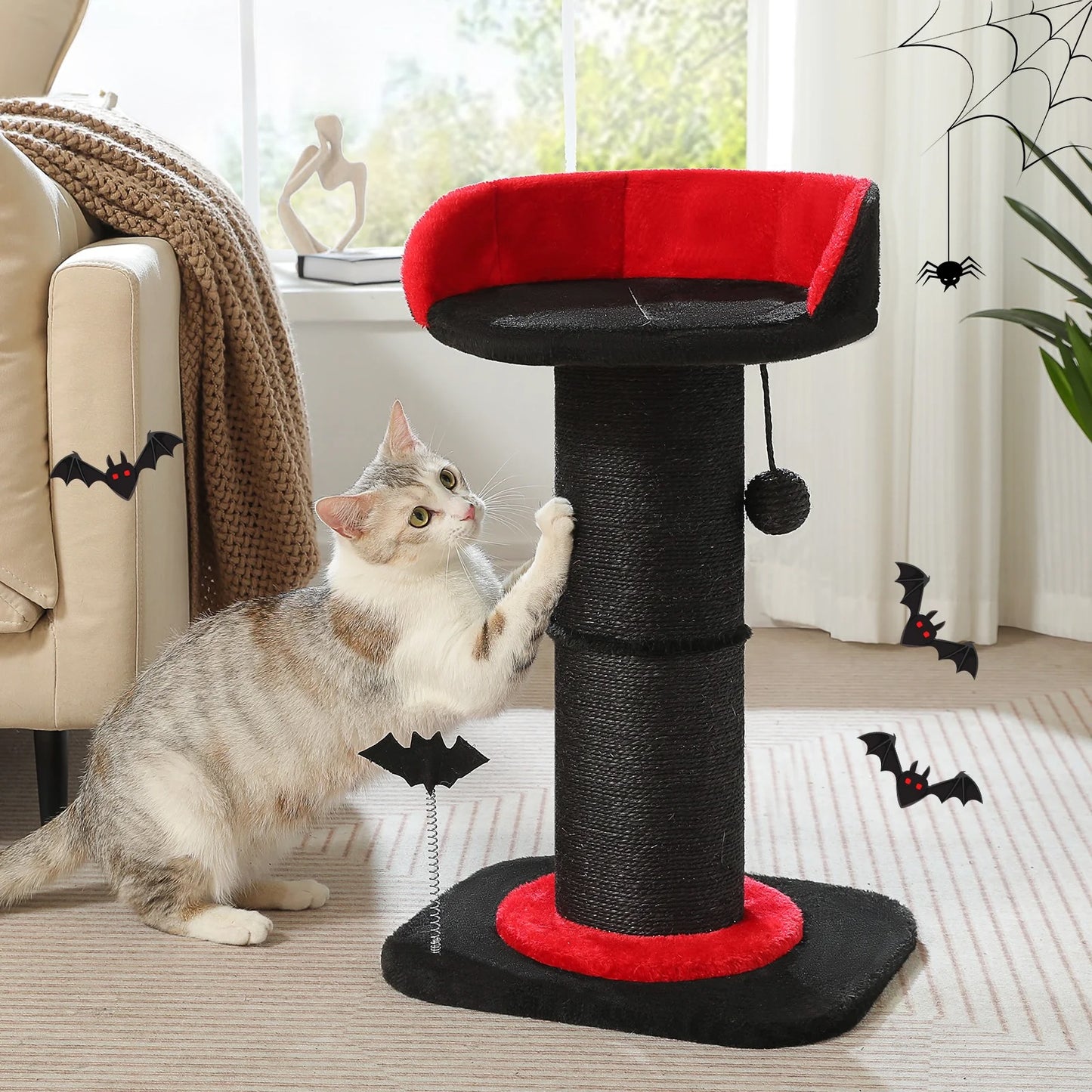 Black Gothic Cat Scratching Post with Cobweb Perch