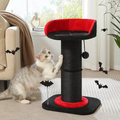 Cat playing with a black and red cat tree in a home setting.