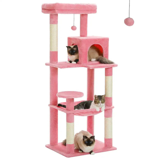 Pink cat tree with multiple levels and a cat sitting on one of the platforms.