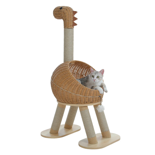 Cat sitting in a wicker rattan cat bed attached to a dinosaur-shaped scratching post on a white background