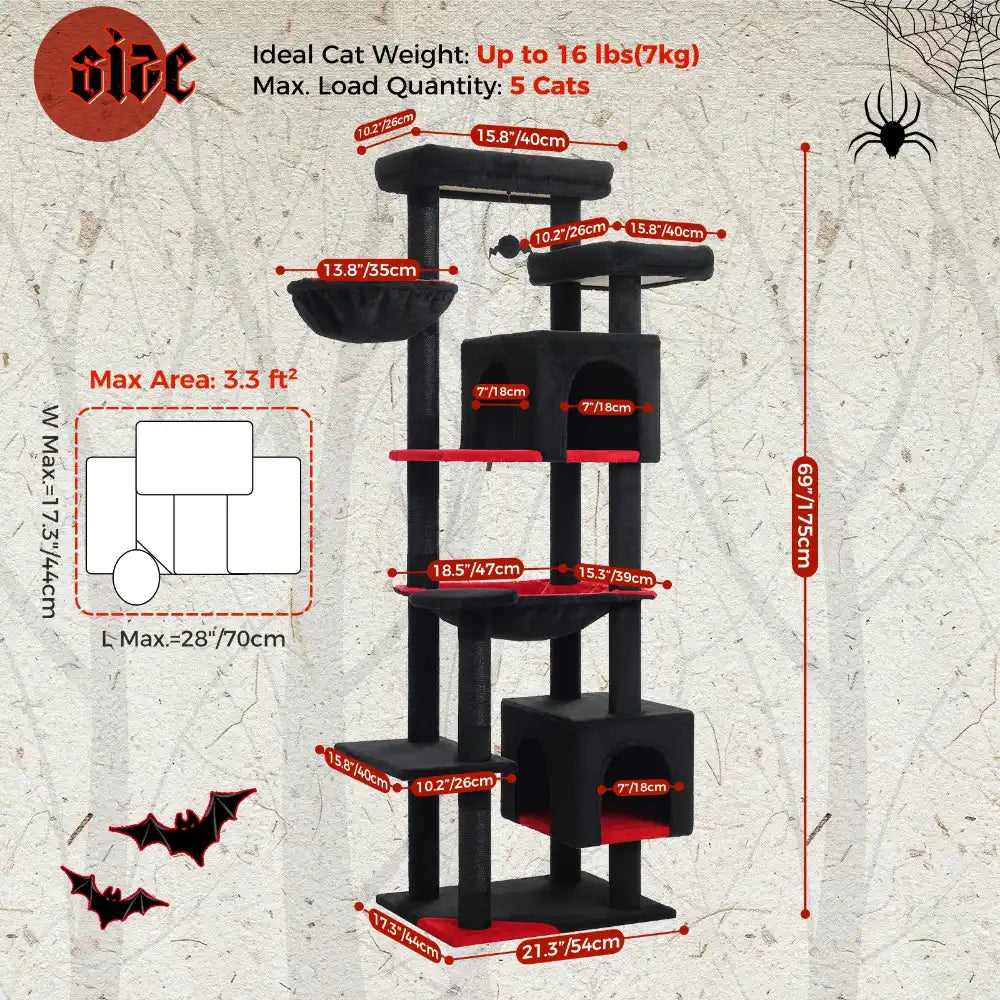 Cat tree with dimensions and weight capacity on a spider web background