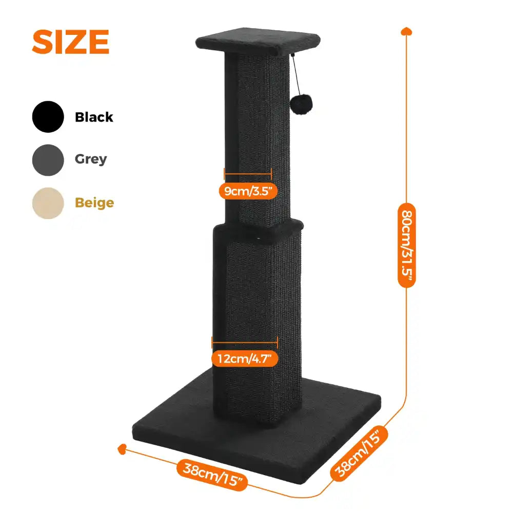 Black cat scratching post with measurements on a white background