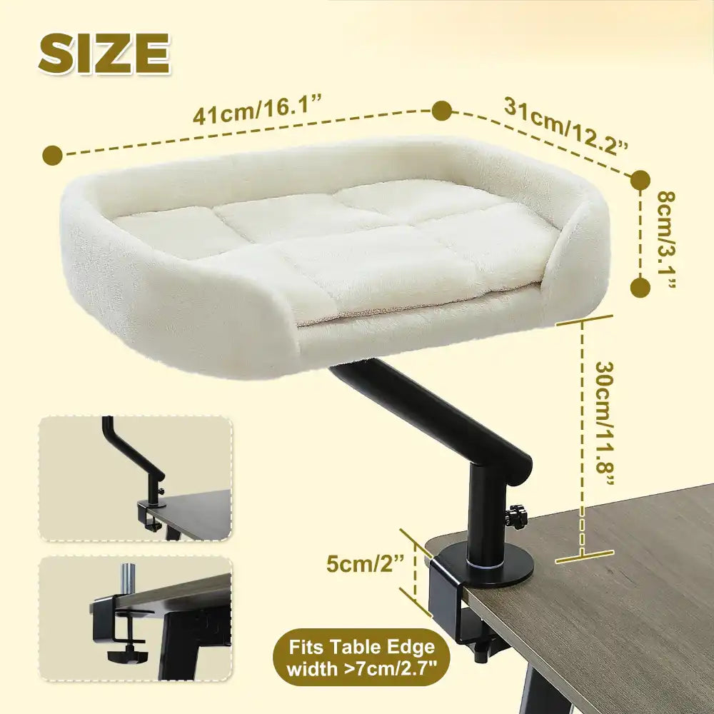 White desk-mounted cat perch with dimensions labeled on a beige background