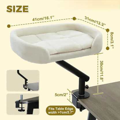 White desk-mounted cat perch with dimensions labeled on a beige background