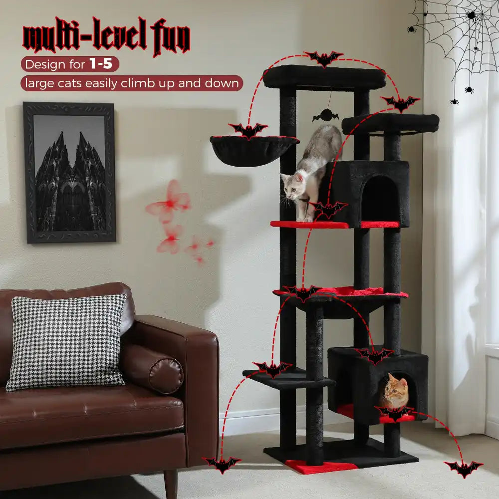 Cat tree with multiple levels and a cat on one of them, in a living room setting.