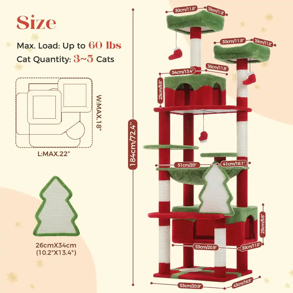 Cat tree with dimensions and specifications on a beige background