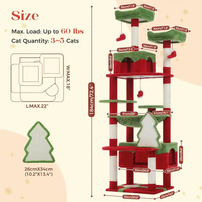 Cat tree with dimensions and specifications on a beige background