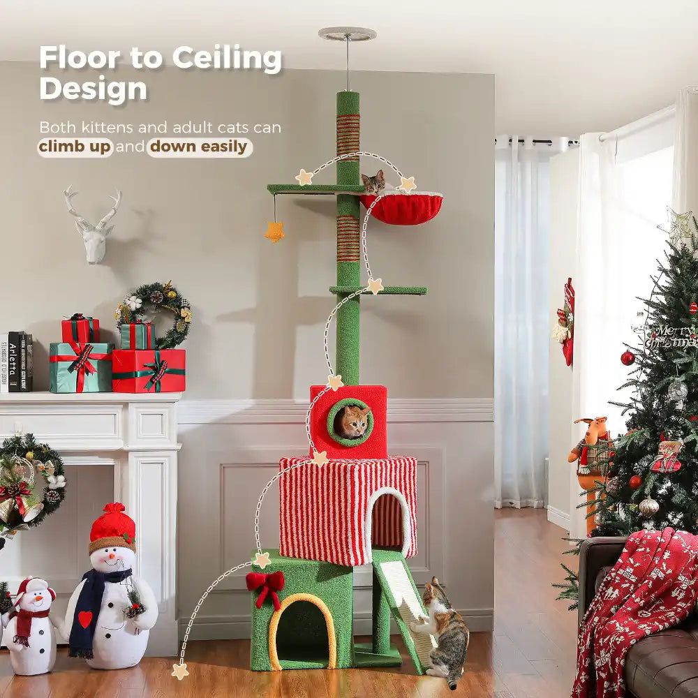 Cat tree with various features in a living room setting with Christmas decorations.