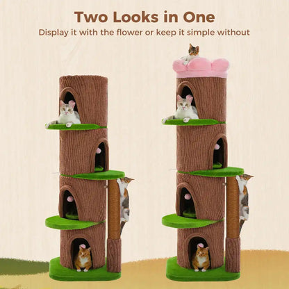 Two cat trees with multiple levels and green platforms on a beige background.