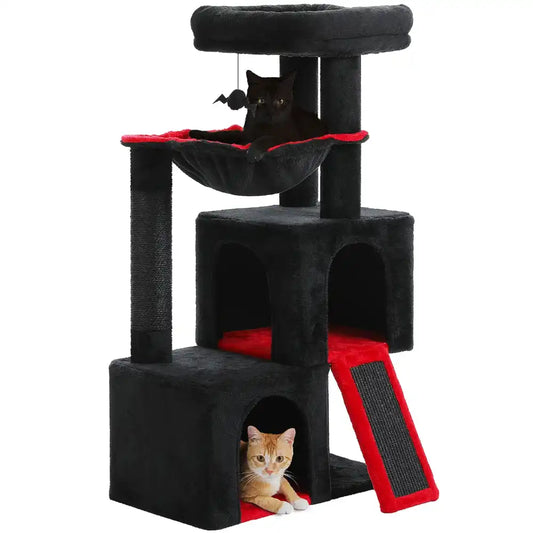 Cat tree with two condos and cats on it in black and red. 