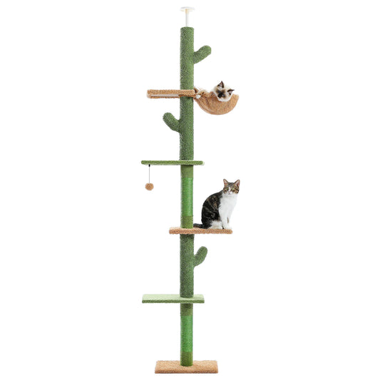 Cat tree with multiple levels and a cat sitting on one of the platforms, with another in a hammock.