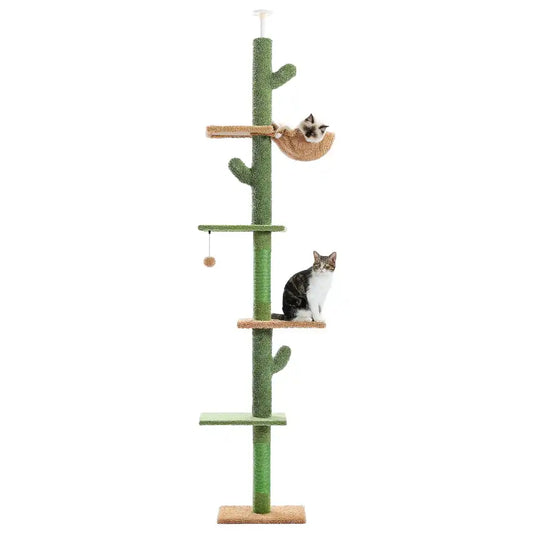 Cat tree with multiple levels and a cat sitting on one of the platforms.