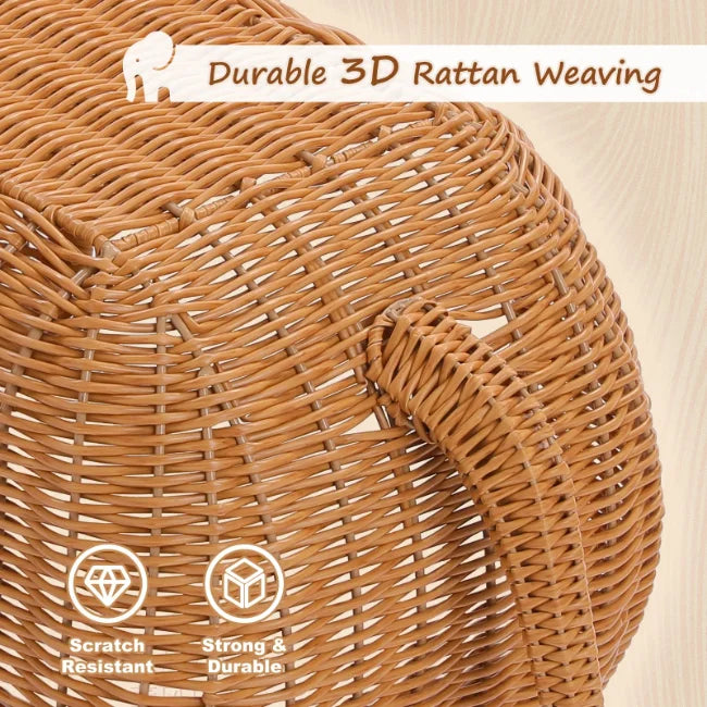 close up detail of woven wicker cat house with product feature text